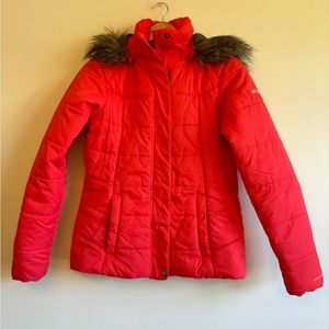 Columbia coral Puffer Jacket with Faux Fur Trim